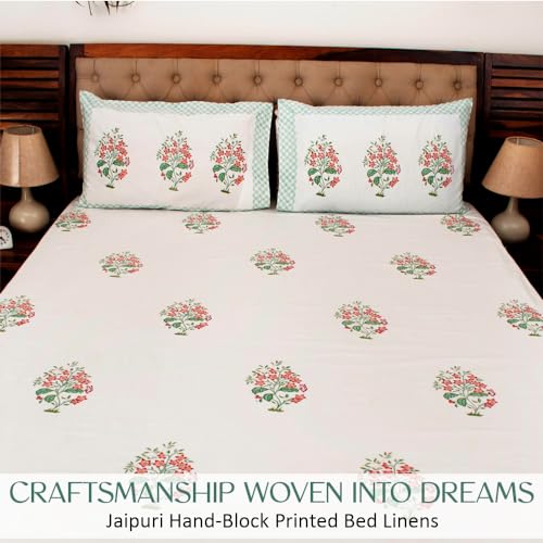 Image of Premium Bedsheet with 2 Pillow Covers I Hand Block I Pure & Soft Percale Cotton I 300 TC I 90x108 inches (King Size Double Bed Bedcover) I Floral Pattern I Peach & Green