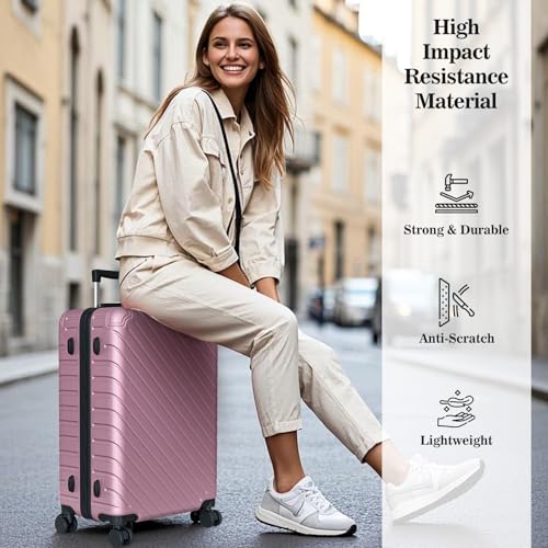 Apelila 4-Piece Expandable Suitcase Set with TSA Lock, 20% Extra Capacity, 360° Spinner Wheels, Lightweight Textured Fabric Luggage (18", 20", 24", 28") for Men and Women Travel (Pink)