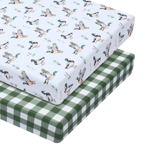 Image of Mindsoft 2 Pcs Mallard Duck Crib Sheet Set 52 x 28 x 8 Inches Baby Sheet Newborn Bedding Nursery Crib Sheets for Girl Boys Baby Gifts for Toddler Mattresses