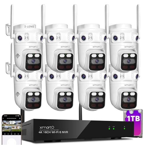 xmartO 16CH 8Pcs 6MP Tri-Lens PTZ Security Camera System, 16CH 4K WiFi 6 Mesh NVR with 1TB NVR, 3-View/Cam, Long Range Wireless, Plug-in 24/7 Home Surveillance, AI Detection, No Monthly Fees