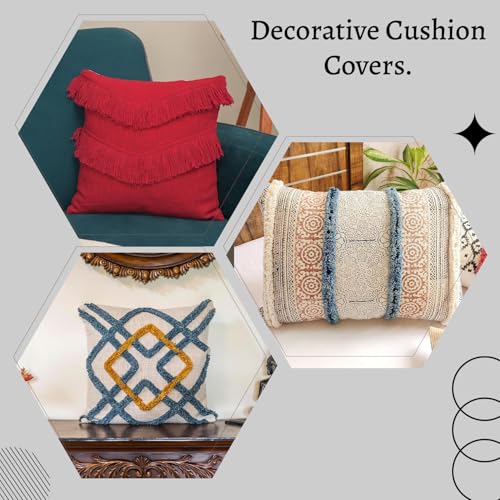 Image of Cotton Cushion Covers 16 inch x 16 inch | Boho Shaggy Square Decorative Cushion Cover for Bedroom | Hand Made Boho Throw Pillow Cover for Sofa (Set of 1, 16 * 16)