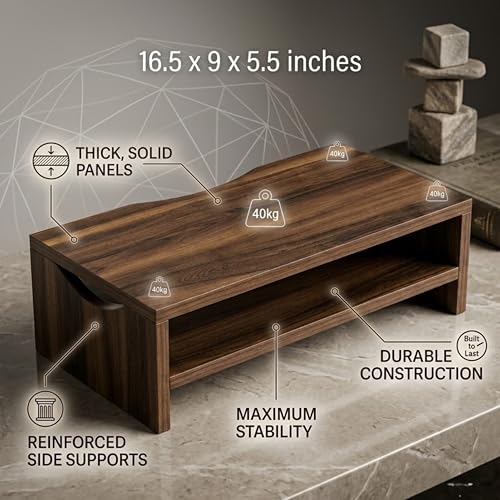 Image of Home Sparkle Monitor Stand Riser, 2 Tiers Laptop Computer Monitor Riser for PC Screen, iMac, Desktop Wooden Screen Monitor Stand Riser with Storage Organizer for Home Office