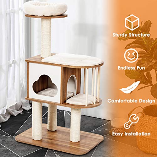 Tangkula Modern Wood Cat Tree, 46 Inches Cat Tower With Platform, Cat Activity Center With Scratching Posts And Washable Cushions, Wooden Cat Condo Furniture For Kittens And Cats (Natural) #TOP6
