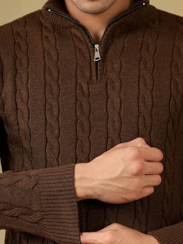 Image of Kvetoo Men's Wool High Neck Zipper Sweater, Full Sleeve Cable Knit Quarter Zip Winter Pullover