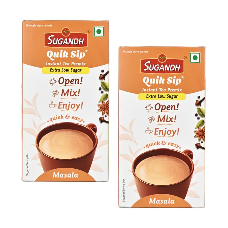 Image of Sugandh Quik Sip Instant Masala Chai Premix Extra Low Sugar (Pack of 2) - Single Serve Sachets - 2 Boxes of 10 Sachets each