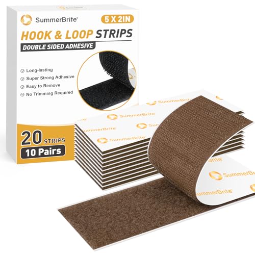 Image of SummerBrite 10 Pairs Brown Hook and Loop Strips 2 x 5 Inch, Heavy Duty Adhesive Fasteners for Wood Surfaces, Wide Sticky Back Mounting Tape for Furniture & Cabinets, Industrial Strength