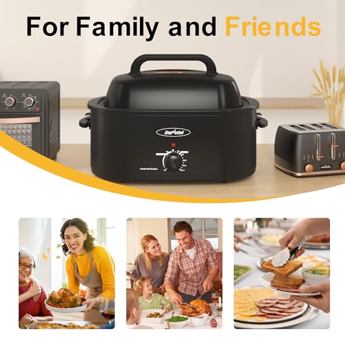 Sunvivi 26lb 22-Quart Roaster Oven, Electric Roaster Oven with Viewing Lid, Turkey Roaster with Unique Defrost/Warm Function, Large Roaster with Removable Pan & Rack, Stainless Steel, Black
