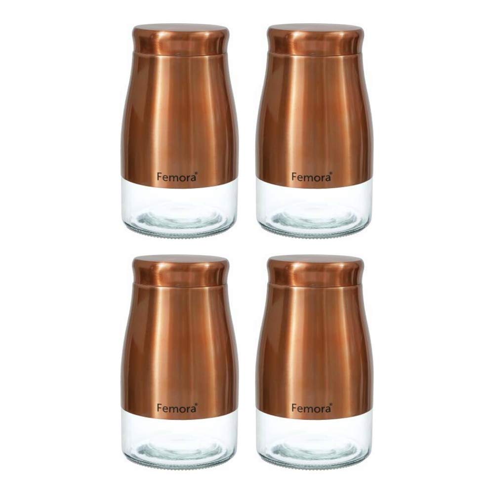 Femora Copper Metallic Clear Glass Jars | See Through Bottom Jar | 1 Year Warranty | Airtght | Jars for Snacks, Fry Food, Masala, Spice, Pickles, Cookies |1300 ML | Set Of 4 | Copper