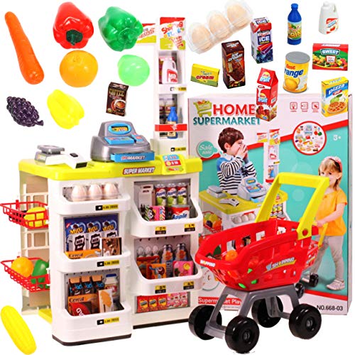 Preisvergleich Produktbild MalPlay XXL Supermarkt mit Einkaufswagen / Supermarkt-Spielzeugset Spielsupermarkt / Scanner Spielzeug Kasse / abschließbarer Schublade mit Geld / für Kinder ab 3 Jahren