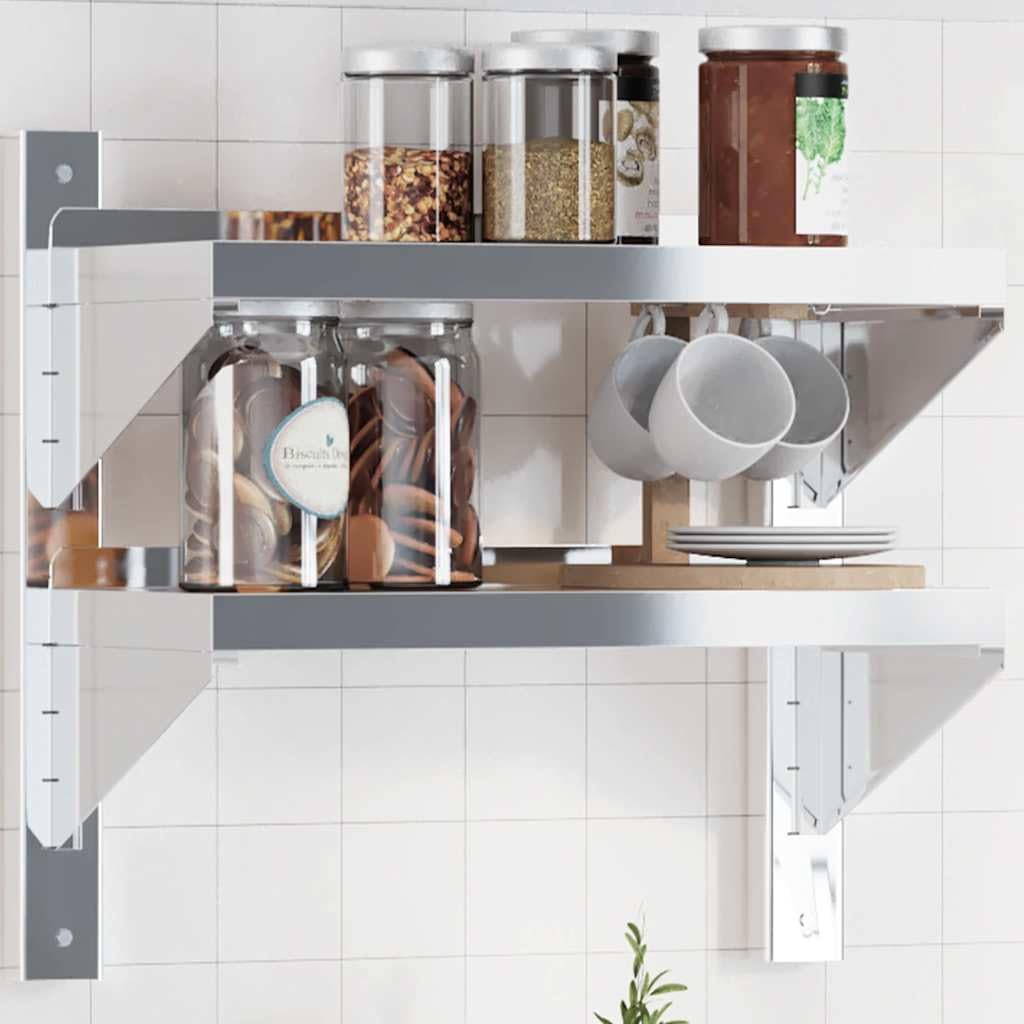 Estantería de pared de acero inoxidable con 2 estantes, 50 x 23,5 x 48 cm, estante de cocina, estante flotante de metal con superficie cepillada, para restaurante, cocina, garaje y lavandería