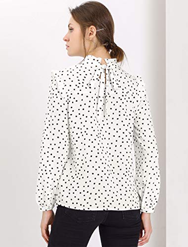 Allegra K Women's Valentine's Day Vintage Ruffle Stand Collar Long Sleeves Polka Dots Blouse Top Small White #TOP4