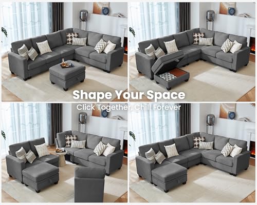 Image of CHIC HOUSE Modular Corner Sectional Sofa with Storage Ottoman, Corduroy L-Shaped Couch, Compact Small Space Furniture for Living Room & Apartment, (Dark Grey, 7 Seater L-Shaped)