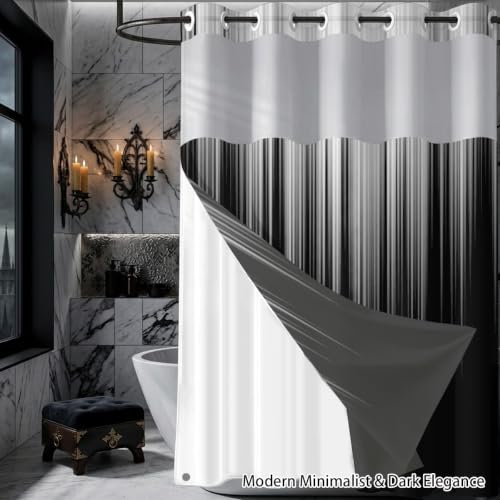 Image of AAtter No Hook Shower Curtain Set, Black White Snap-in Liner, 72x75 Inch