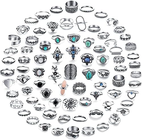 17 MILE 82 Pcs Vintage Silver Knuckle Rings Set for Women, Bohemian Stackable Joint Finger Rings, Retro Stone Crystal Stacking Midi Rings Pack (Silver)