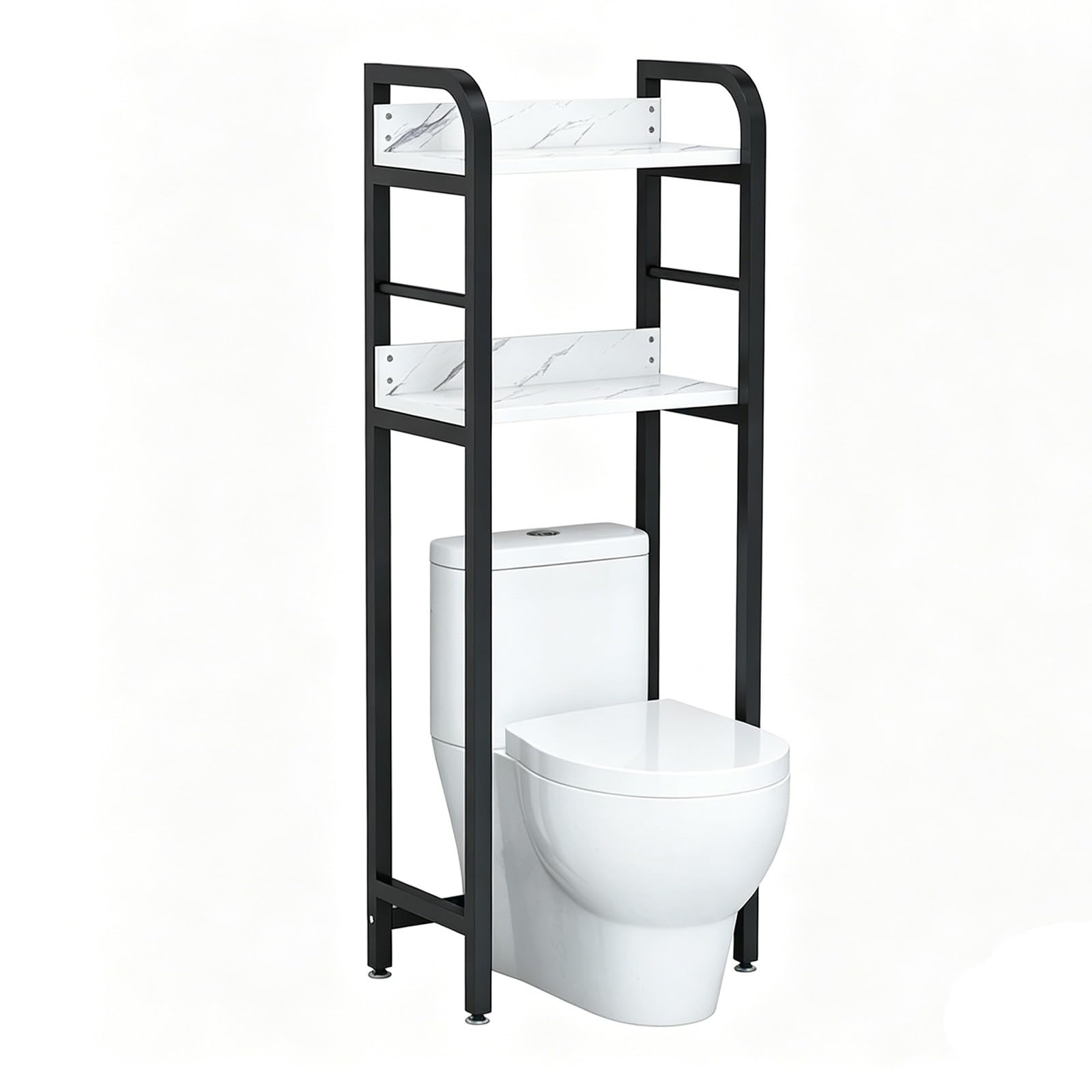 Freestanding Over Toilet Storage Shelf, No Drilling Bathroom Organizer, 2-Tier Metal Space Saver Rack, Adjustable Shelf for Small Space(2-tier,Black+White Marble 19.7x11.4x55.1in)