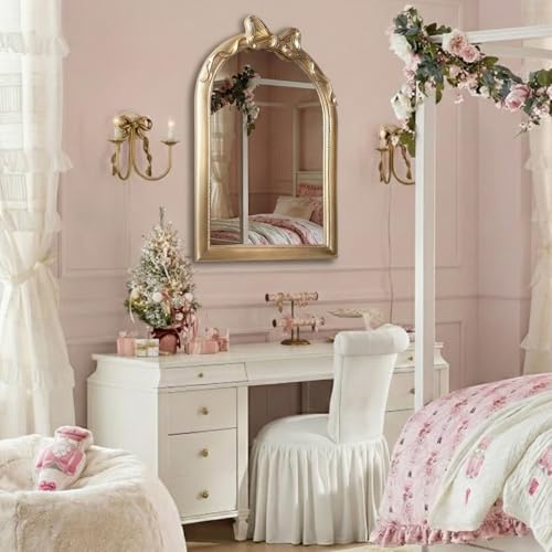 Image of 36x24 Arched Gold Bow Wall Mirror, Vintage Vanity Mirror for Bathroom & Bedroom Decor, Antique French Style Engineered Wood Frame with Ribbon Knot, Cute Coquette Aesthetic