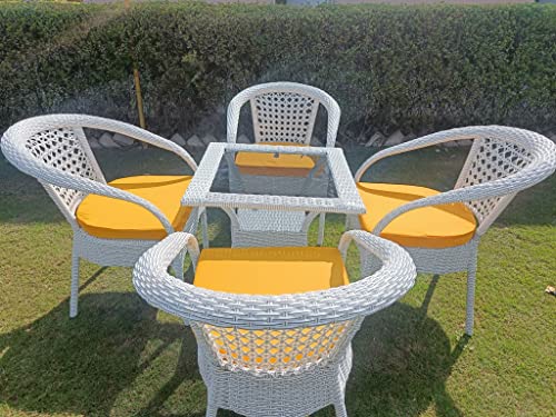 Image of Anaya Decor D-8 Chairs Table Set 4+1 Wicker Patio Furniture Sets 4 Chair and 1 Table with Cushions for Garden Balcony Bedroom Powder Coated Frame Uv Protected Wicker (Off White+Yellow)