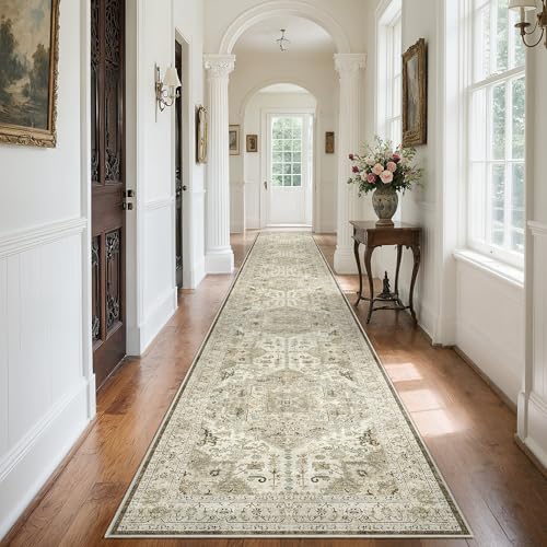 Madane 3x20 Hallway Runner Rug - Extra Long Carpet Runners for Hallways 20ft Non Slip Stain Resistant Rugs Runner for Living Room Bedroom 20 Feet Distressed Floor Carpet for Kitchen, Ivory/Brown