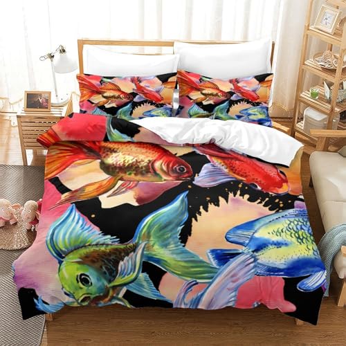 PrintHaven Motif de Poisson Nageur coloré Parure De Lit 3D, Housse De Couette, Ensemble De Literie Chambre Fille, Cadeau d'anniversaire 3 Pcs avec Fermeture Éclair...