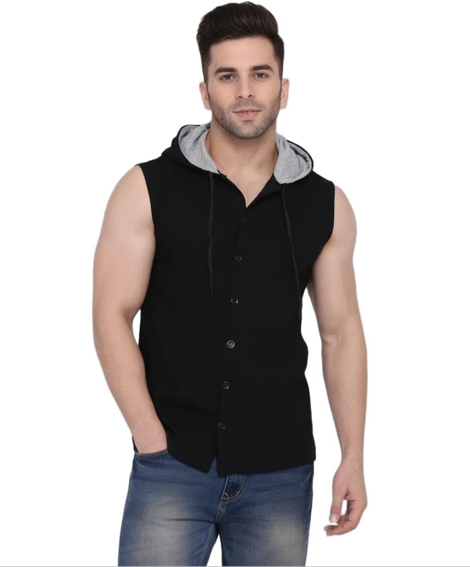 menkovy Men's Cotton Sleeveless Solid Tshirt with Hoodie-picture-22