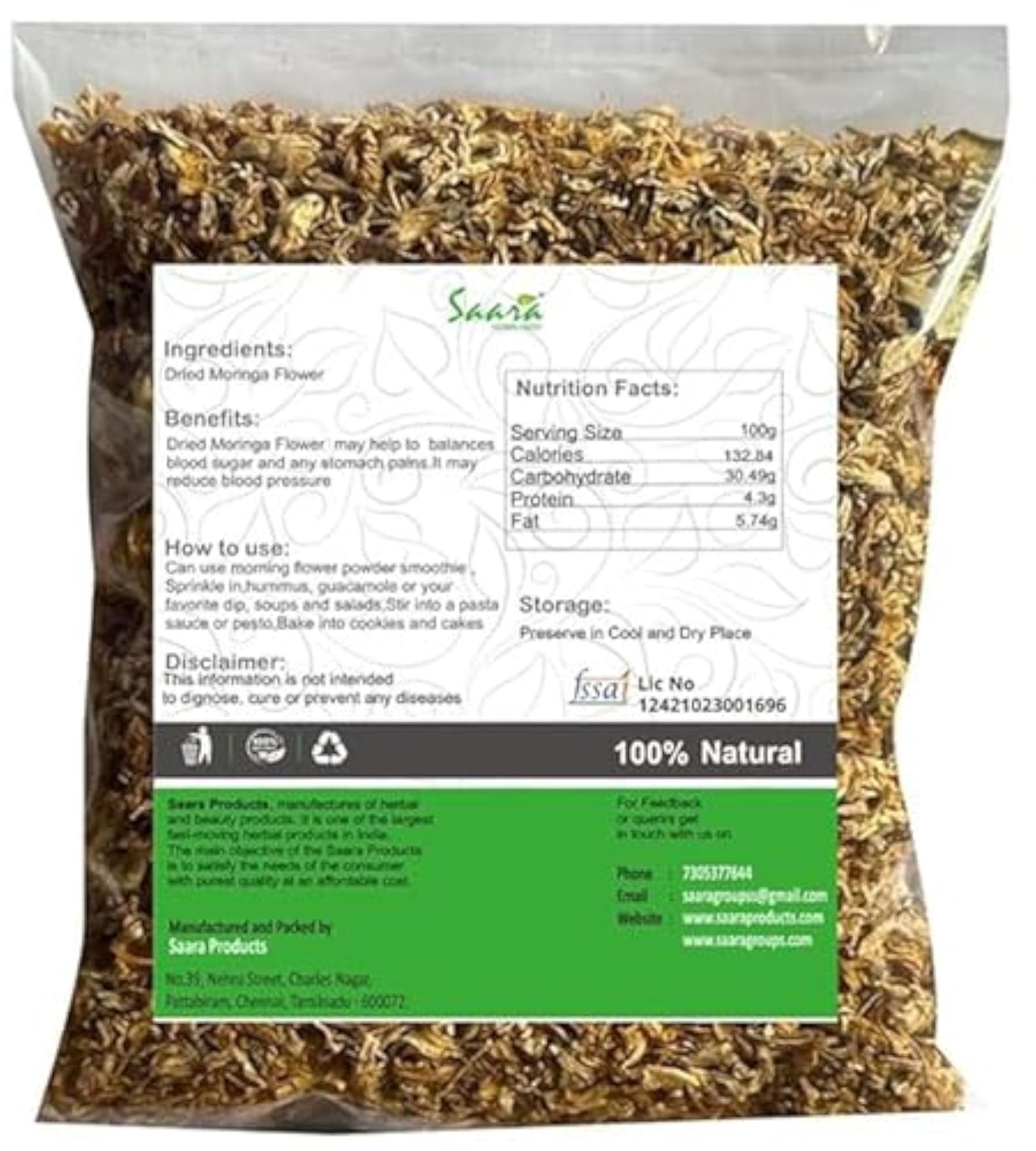 Saara HERBAL FRESH Dried Drumstick Flower, 550g Pack