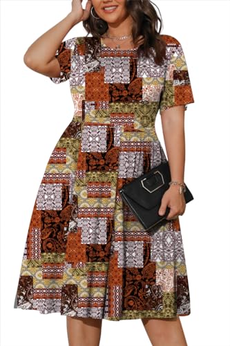 Image of POSESHE Womens Plus Size Summer Dress 2026 Casual Short Sleeve Empire Waist Loose Fit Swing T-Shirt Dress with Pockets