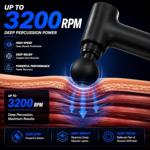 Image of BOB AND BRAD Massage Gun for Body Pain Relief, 3200 RPM Deep Tissue Electric Handheld Massager with 99 Modes & 8 Heads,1800mAh Battery & Type-C Charging for Men & Women Back, Neck, Arm & Foot, Shoulder (BK-99)