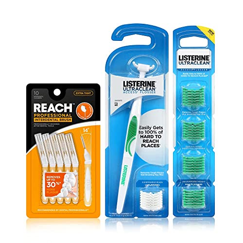REACH Interdental Brush & Listerine Ultraclean Access Flosser Bundle | Proper & Durable Oral Care & Hygiene | Effective Plaque Removal, PFAS Free |Extra Tight Brush + Starter Kit + Mint Refill