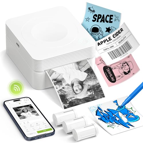 Mini Drucker PM230 Aufkleber Drucker Fotodrucker Thermodrucker Bluetooth mit 3 Rollen Etiketten für Smartphone, Etikettendrucker für DIY Erstellung und Studiennotizen, Weiß