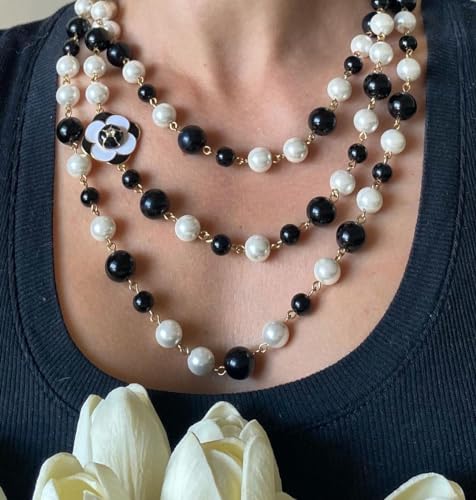 Vintage Inspired Imitation Pearl Long Strand Black and White Camellia Flower Costume Layered Necklace, Statement Multiple Strands Pendant for Women, Jewelry Gift3