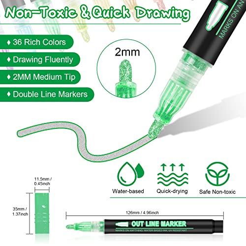 36 Pack Double Line Outline Markers, Squiggles Shimmer Markers Set, Self Outline Metallic Glitter Marker Pens For Christmas,Art, Drawing, Writing, Greeting Cards, Diy, Scrapbook, Easter Eggs,Crafts #TOP2