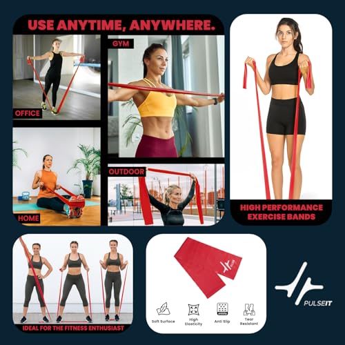 Image of PulseITThera Resistance Bands for Workout. Pilates, Yoga & Home Exercise Bands. Latex Thera Bands for Gym, Strength Training, Stretching & Toning. Fitness Bands for Men & Women (Red)