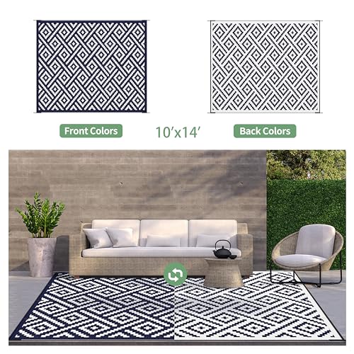 Image of GENIMO Outdoor Rug, Waterproof Plastic Rugs 10'x14' for Camping Blue White | Outside Larger Modern Carpet Mat for Patio Decor, RV, Porch, Camper, Deck, Picnic, Beach, Backyard, Reversible, Foldable