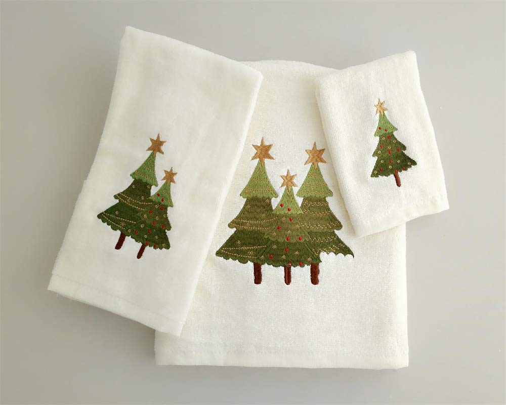 BH Home & Linen Season's Greetings 3 Piece Christmas Theme Embroidery Towel Set Made of 100% Cotton. ((Ivory) Christmas Trees)