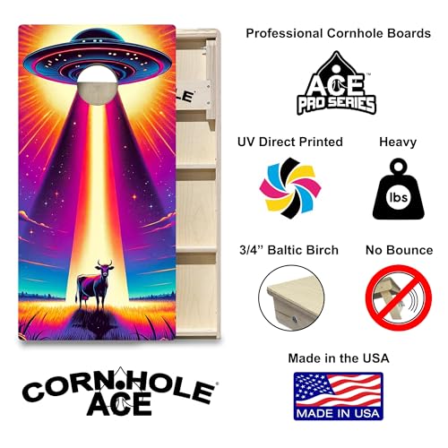 CornholeAce PRO Neon UFO | Professional Cornhole Board Set, No Bounce! Triple Wide Legs, 3/4in Baltic Birch Plywood, Regulation Size, Tournament Style, American Official, Made in USA
