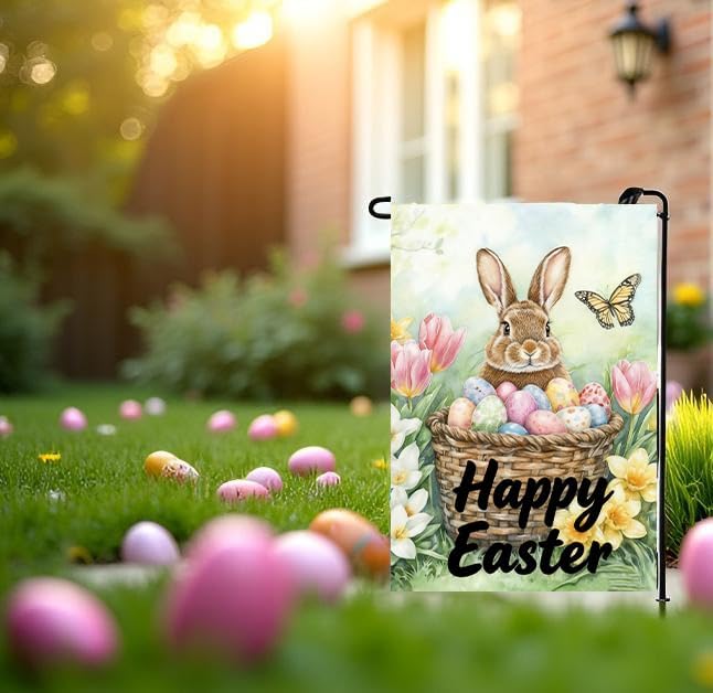 Happy Easter Garden Flags 12x18 Double Sided, Small Burlap Bunny Floral Butterfly Garden Flag Easter Holiday Outdoor Yard Decorations - Image 2