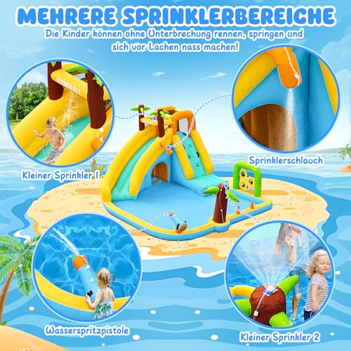 GYMMALL Aufblasbare Wasserrutsche Hüpfburg mit 450W Gebläse 10-in-1 Wasserspielpark für Kinder drinnen und draußen mit Sprungbereich, Planschbecken, Wassersprühern und Rutsche