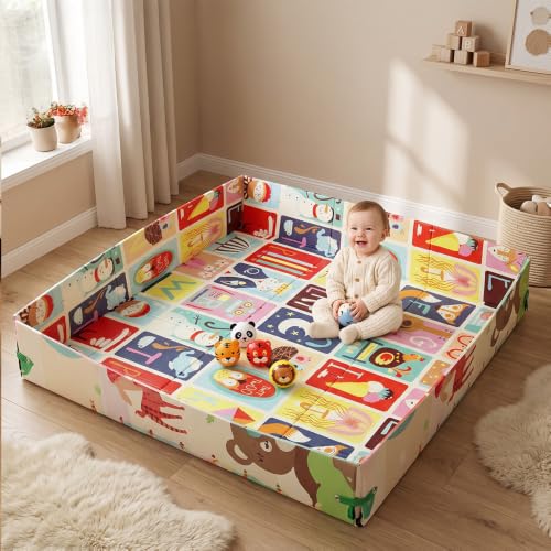 Image of StarAndDaisy Foldable Baby Play Mat 5 x 6 Ft, 6MM Thick XPE Foam Playmat, Reversible 2-in-1 Design with Protection Wall, Lightweight Cushioned Floor Mat with 6 Balls for Crawling, Playing & Learning