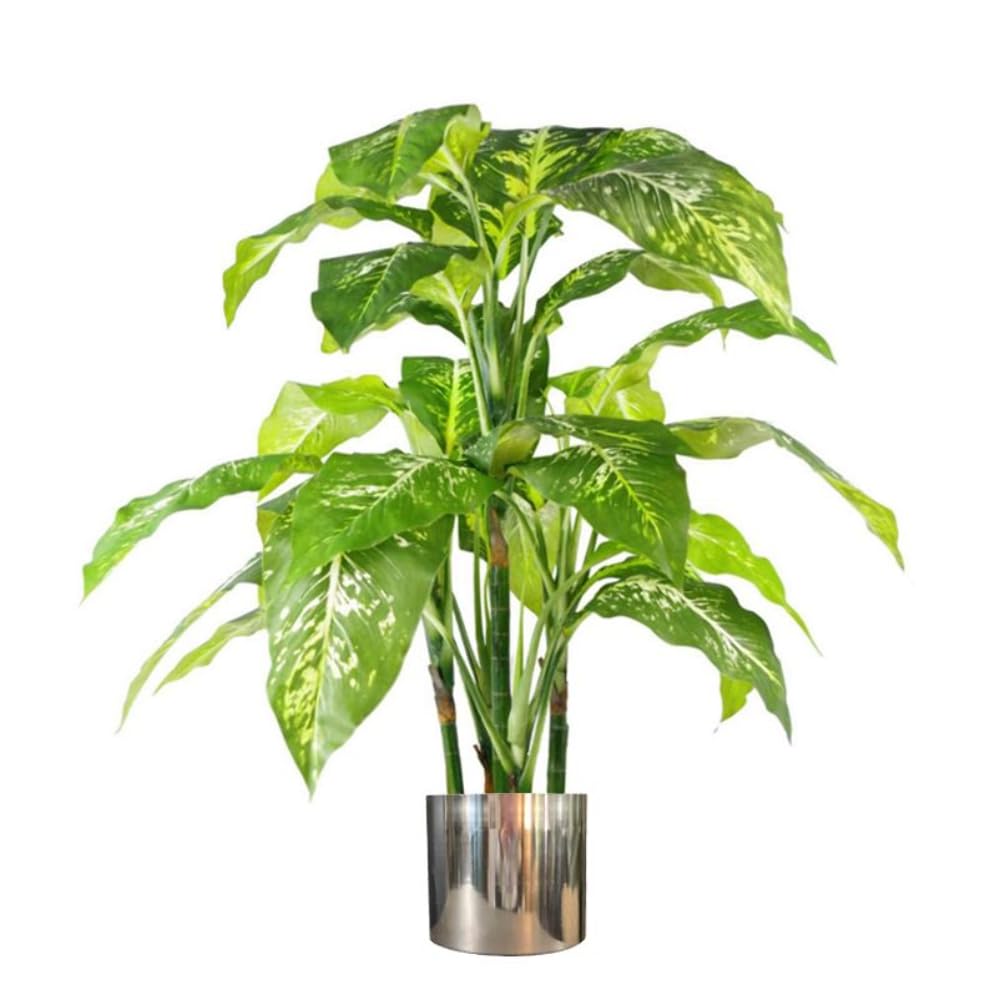 Leaf Artificial Fox Aglaonema Plant 100cm - Green - Silver Metal Planter