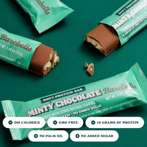 Image of Barebells Soft Protein Bars Minty Chocolate - 24 Bars (2 Packs of 12) -16g High Protein Treats - Chocolate Nutrition Bar with 1g Total Sugars - On The Go Breakfast or Post-Workout Snack