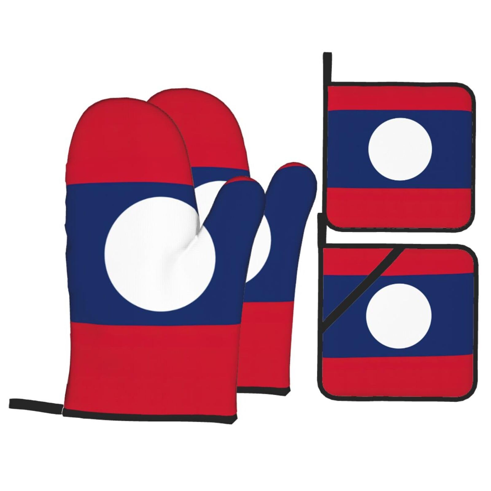 Flag of Laos Print 4-Piece Heat-Resistant Oven Waterproof Kitchen Gloves Cooking Roasting Essential