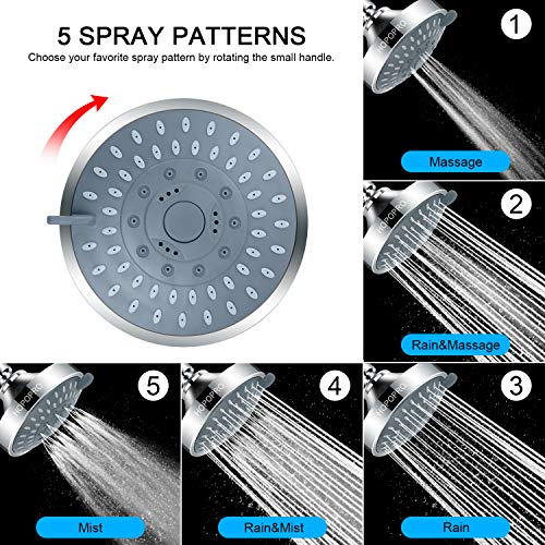 Image of 4.1 Inch High Pressure Shower Head with 5 Different Shower Spray Modes, HOPOPRO High Flow Fixed Showerheads, ABS Rain Shower Head, 1-Minute Quick Installations, Modern Look