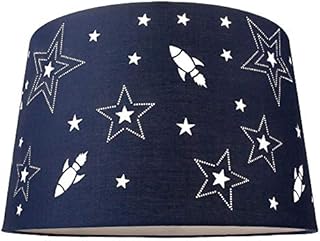 Fun Rockets and Stars Childrens/Kids Midnight Blue Cotton Bedroom Pendant or Lamp Shade Creates Stunning Effect Against The Wall by Happy Homewares