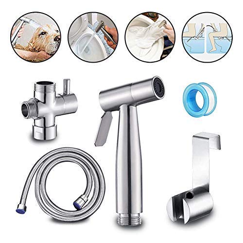 Stainless Steel Baby Cloth Diaper Sprayer Kit Handheld Bidet Set with Hose, Nozzle, T-Valve and Tank Mount Hook for Toilet Shower Cleaner and Washer Rinse