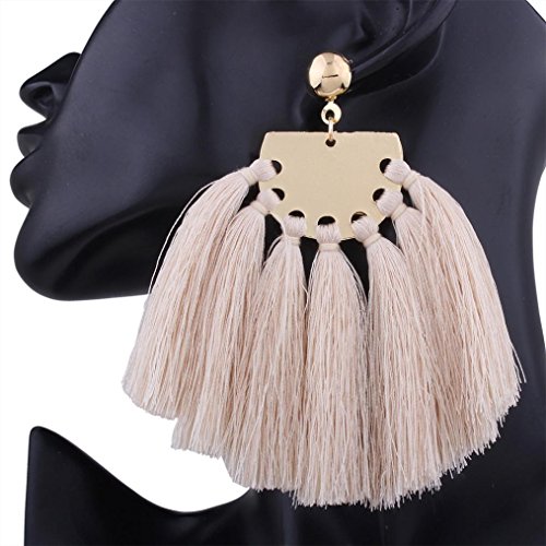 DZT1968 Women girl Bohemian Handmade Tassel Fringe Dangle Stud Earrings Jewelry (Beige)