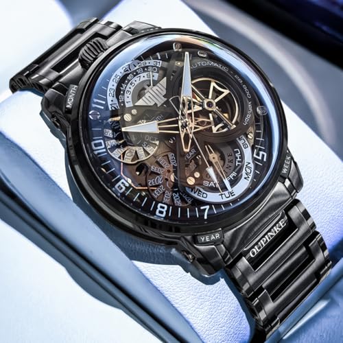 Image of OLEVS Automatic Men Watch Self Winding Mechanical Moon Phase Business Luxury Diamond Dress Stainless Steel Waterproof Luminous Mens Wrist Watch