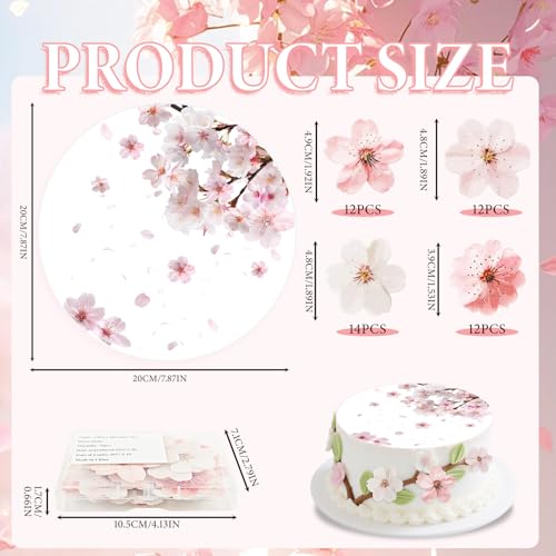Tortenaufleger Esspapier 20cm + 50PCS Kirschblüte Tortendeko Essbar, Essbare Blumen für Torte, Rosa Blume Kuchen Deko Essbare Blüten Cupcake Topper für Hochzeit Geburtstag Jubiläum Babyparty