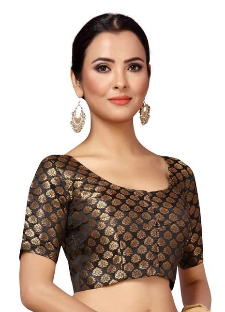 Image of Studio Shringaar Women's Readymade Brocade Short Sleeves Saree Blouse