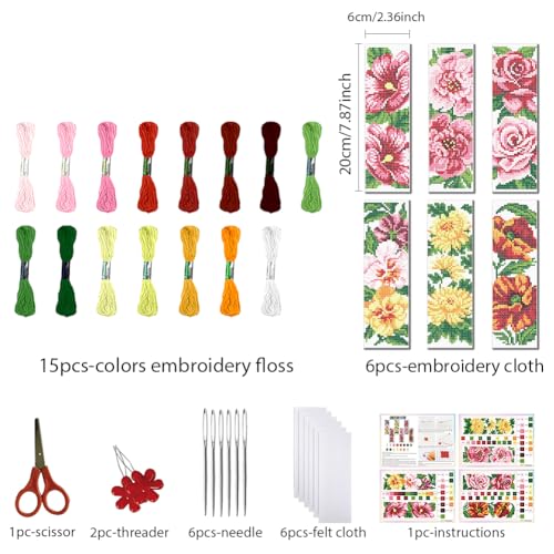 Image of FREEBLOSS 6 Set Cross Stitch Bookmarks Kit Large Flowers Stamped Cross Stitch Kit DIY Embroidery Bookmark Set with Instruction for Adults Beginners Gift for Reading Enthusiasts 8 * 2.4inch 11CT