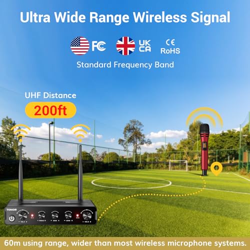 Image of TONOR Dual Wireless Microphone System Wireless Karaoke Microphone Set Wireless Microphone Handheld Microphone Dynamic with Receiver, 60 m for Wedding Party Church Lecture Stage Speaking TW350 Black